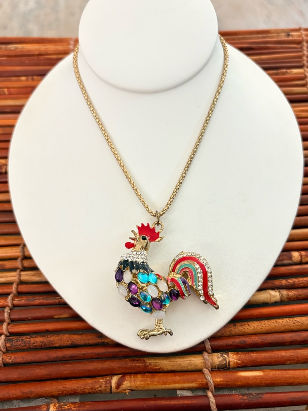 Gold-Tone Multicolor Rooster Pendant Necklace 29”